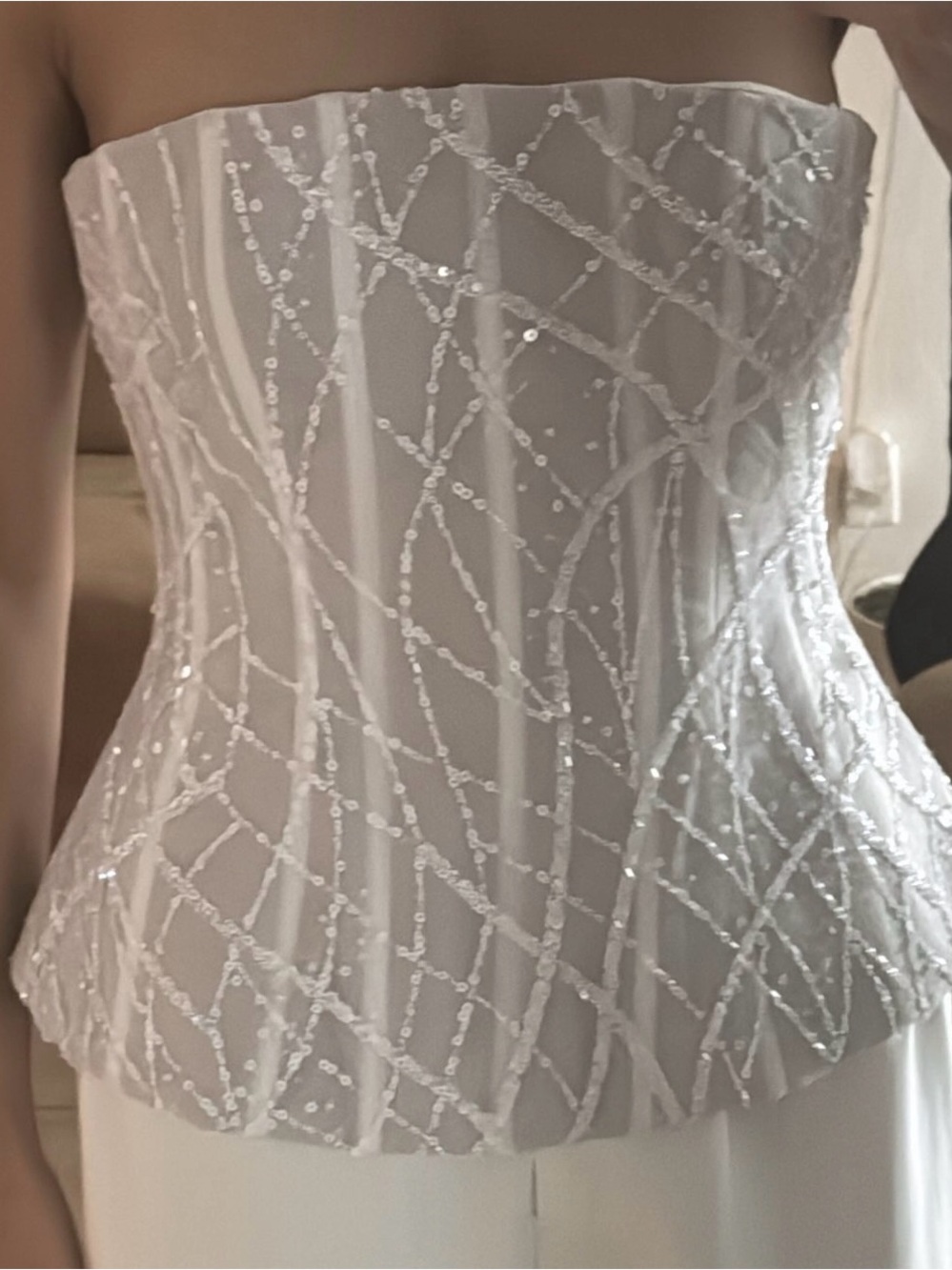 Elegant White Strapless Sequin Peplum Top